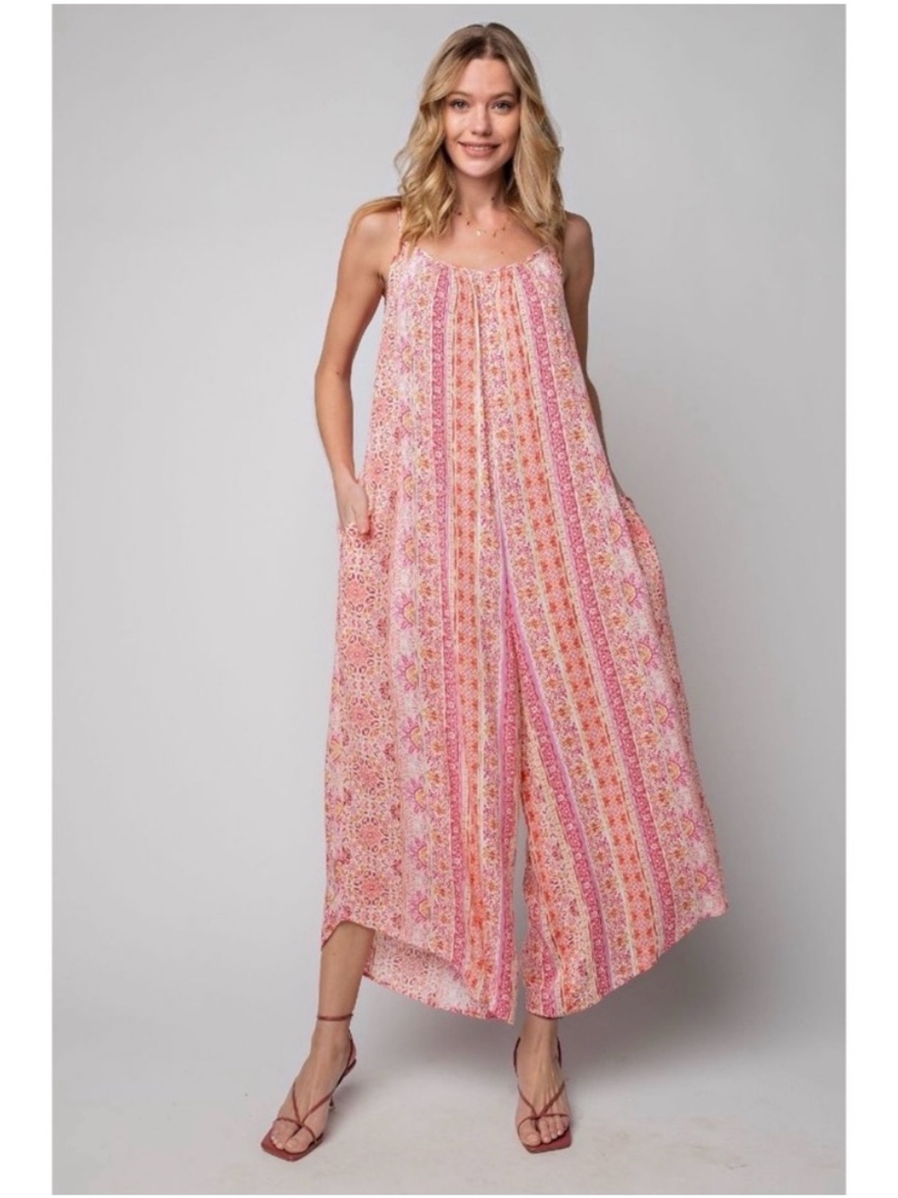 Easel Border Printed Gauze Cami Oversized Cropped Jumpsuit Small